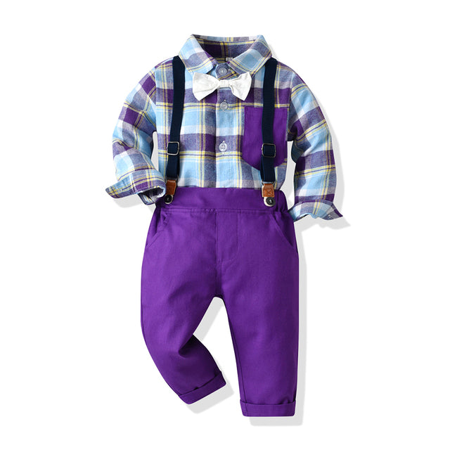 Autumn Boys' Suspender Suit with Plaid Shirt