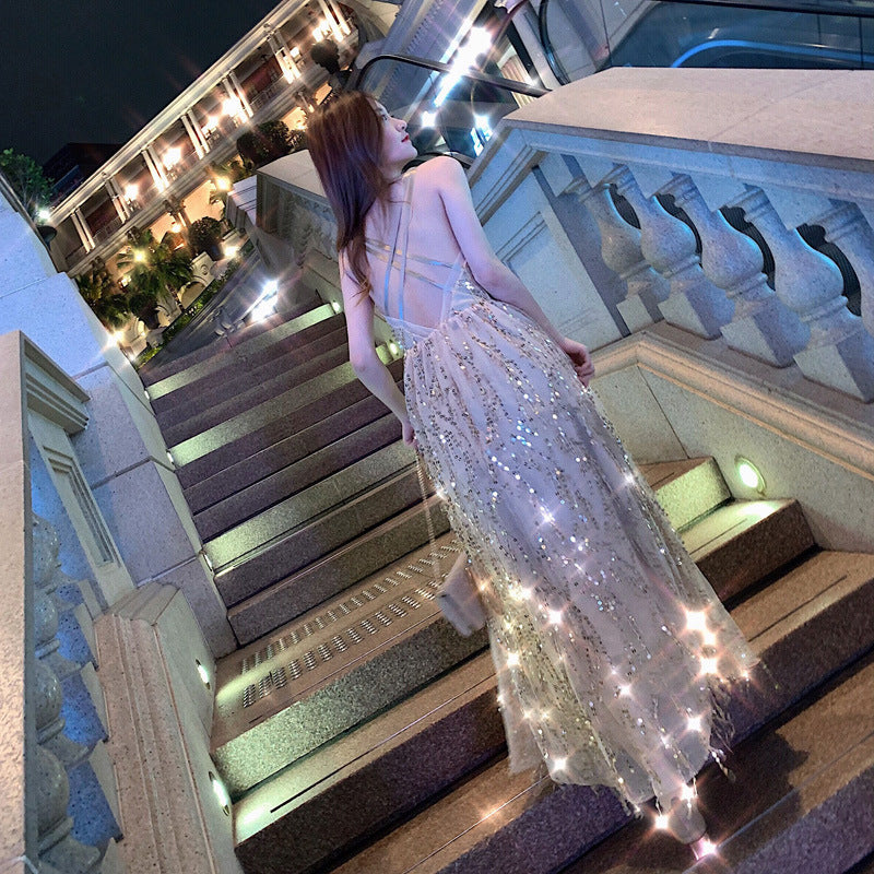 V-Neck Sequin Hollow Back Sexy Maxi Dress