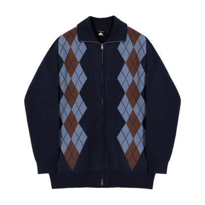 Korean Loose Zipper Diamond Plaid Sweater Coat
