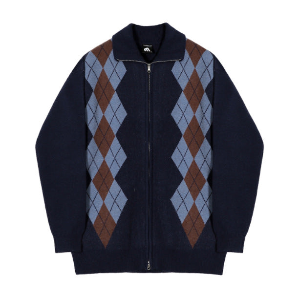 Korean Loose Zipper Diamond Plaid Sweater Coat