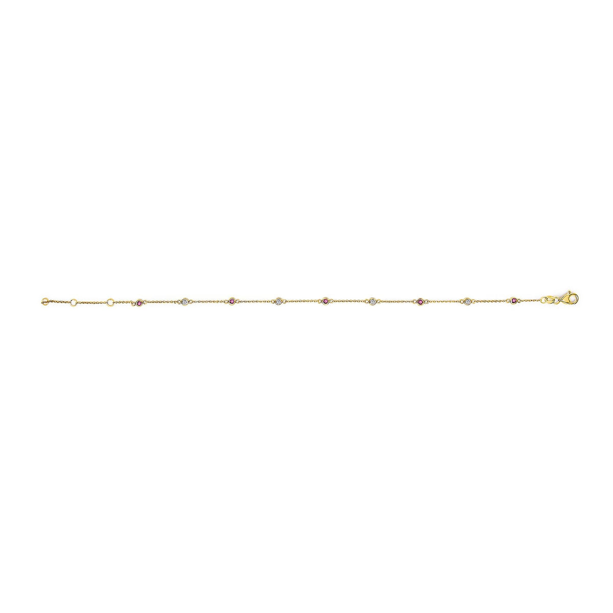 14K Yellow Gold Alternating Red Ruby and White Diamond Bezel Station Chain Bracelet (I-J Color, SI2-I1 Clarity) - 8" Inches