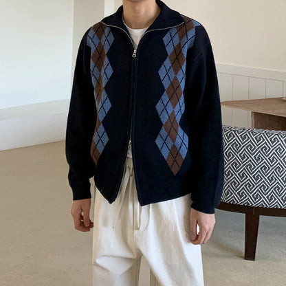 Korean Loose Zipper Diamond Plaid Sweater Coat