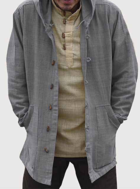 Retro Hooded Long Sleeve Casual Jacket in Solid Color