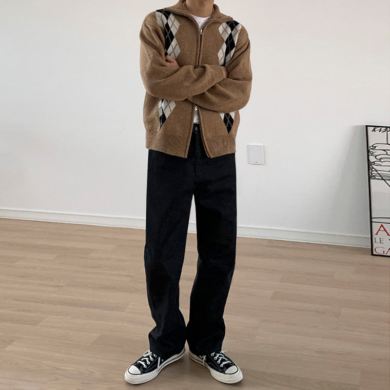 Korean Loose Zipper Diamond Plaid Sweater Coat
