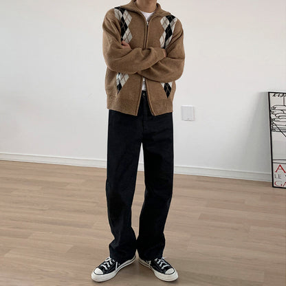 Korean Loose Zipper Diamond Plaid Sweater Coat